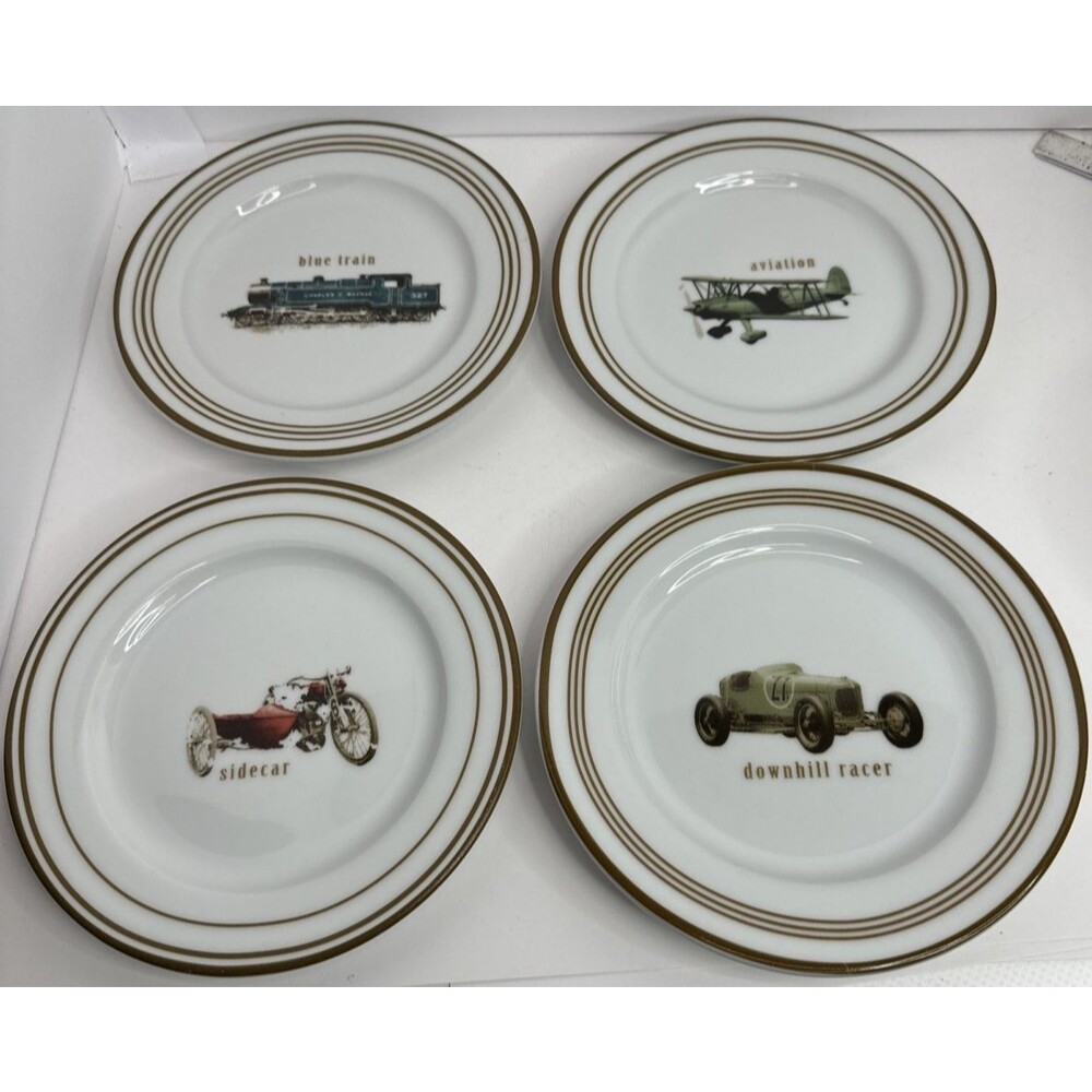 Pottery Barn Passport Cocktail Dessert Plates Plane Car Train  Cycle - Set of 4